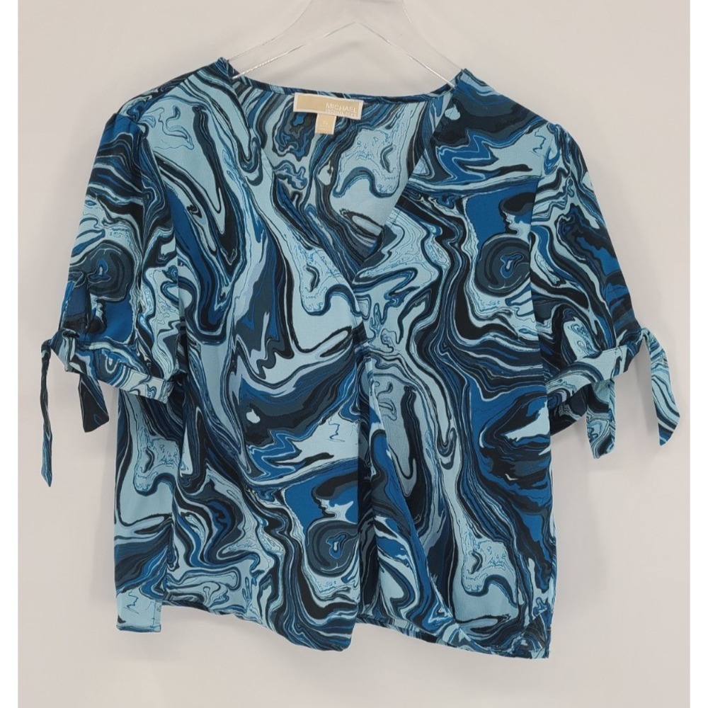 Michael Kors Wrap Swirl Coastal Top Blouse XL Artsy Blue Resort Shortโ Sleeves